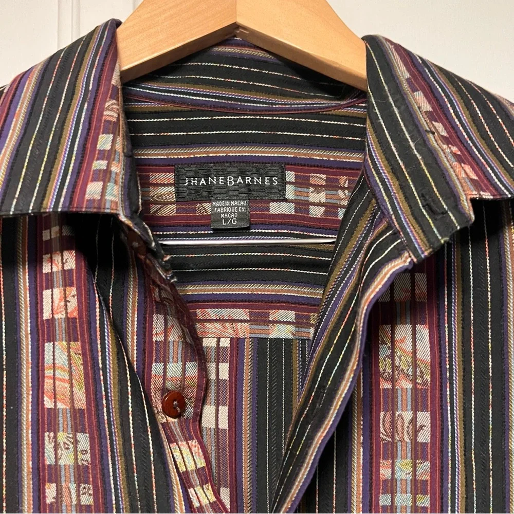 Jhane Barnes Vintage Abstract Dark Colors Stripe Button Up Shirt Men’s Sz Large - Picture 2 of 3